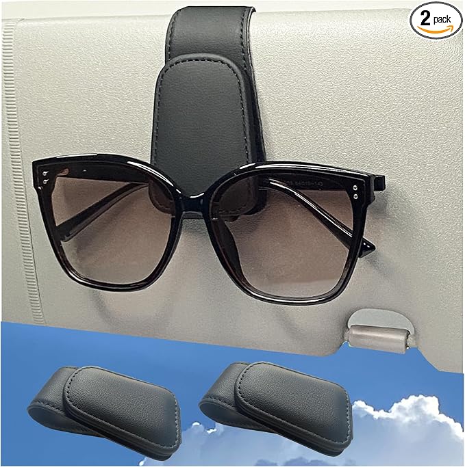CHOSMOYI 2 Packs Sunglasses Holder for Car, Sunglass Clip for Car Visor, Magnetic Leather Car Eyeglass Holder and Ticket Card Clip, Suitable for Different Size Eyeglasses(Black by Unknown