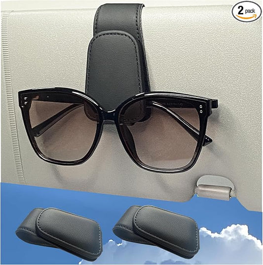 CHOSMOYI 2 Packs Sunglasses Holder for Car, Sunglass Clip for Car Visor, Magnetic Leather Car Eyeglass Holder and Ticket Card Clip, Suitable for Different Size Eyeglasses(Black by Unknown