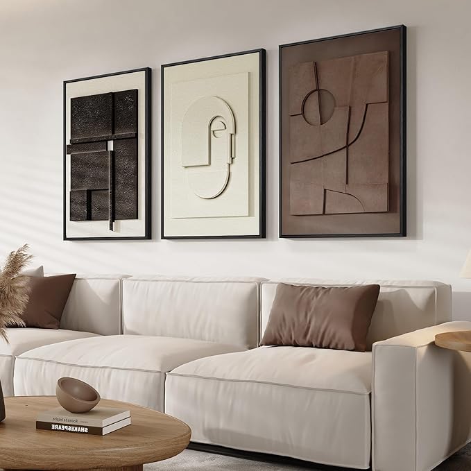 3D Textured Framed Abstract Wall Art, 3 Piece Modern Paintings Artwork for Walls, Black White Brown Geometric Sandstone Texture Pictures for Living Room Dining Room Bedroom Office Wall Decor 16x24 In by Cuspin