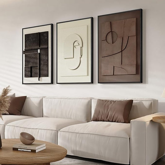 3D Textured Framed Abstract Wall Art, 3 Piece Modern Paintings Artwork for Walls, Black White Brown Geometric Sandstone Texture Pictures for Living Room Dining Room Bedroom Office Wall Decor 16x24 In by Cuspin