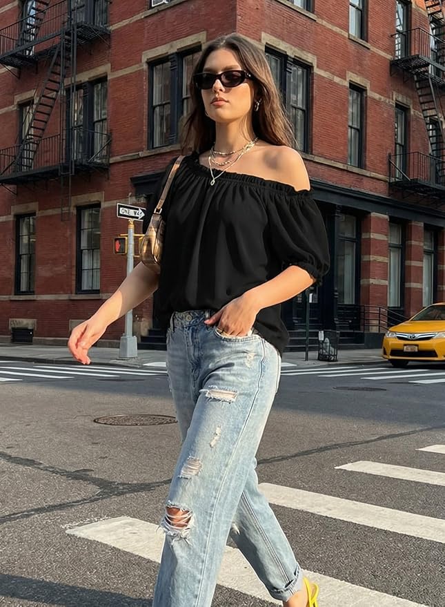 EVALESS Womens Tops Off The Shoulder Blouses for Women Dressy Casual Cute Puff Sleeve T Shirts Fashion 2026 - Image 6
