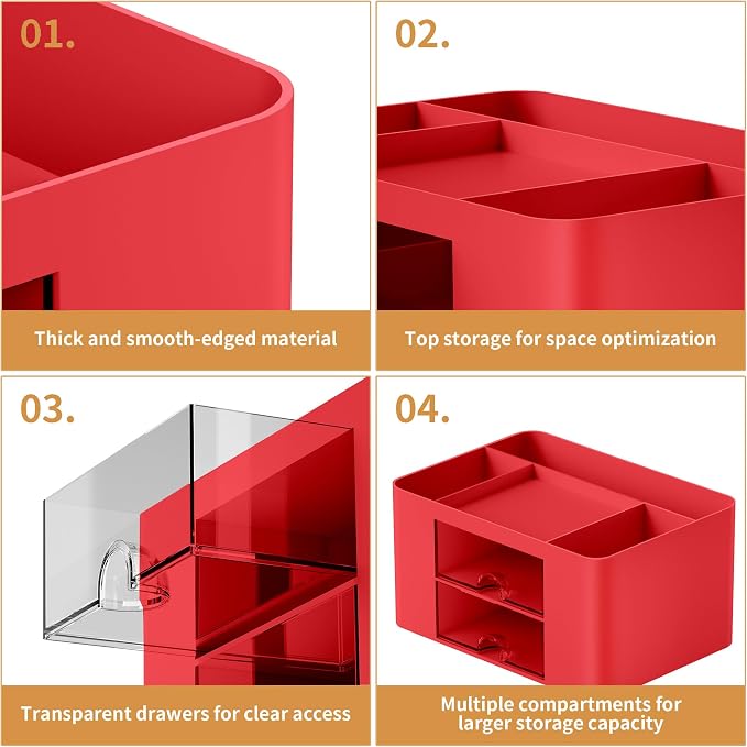 Marbrasse Pen Organizer with 2 Drawer, Multi-Functional Pencil Holder for Desk, Desk Organizers and Accessories with 5 Compartments + Drawer for Office Art Supplies (Red) - Image 6