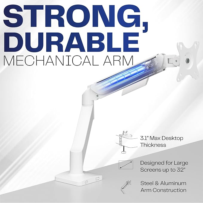 VIVO Single Monitor Stand, Fully Adjustable Arm for 17 to 32 inch Screen, Mechanical Articulating Desk Mount, Gaming and Office Setups, VESA 75x75, 100x100, Max 19.8 lbs, Classic, White, STAND-V001OW - Image 3