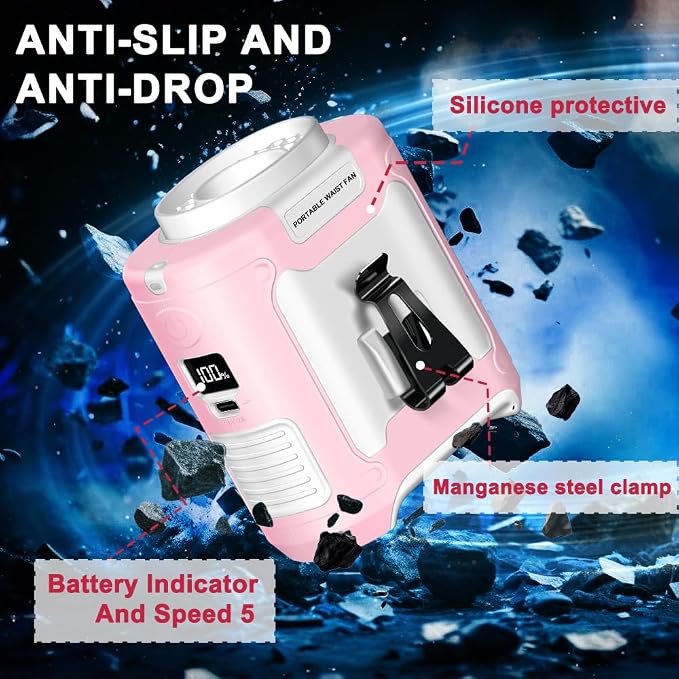CAZOKASI 2024 Upgrade 10000mAh Waist Clip Portable Personal Body Fan - Powerful Upto 40H Cooling and Heatstroke Prevention (Gray and Orange, Pink White) - Image 3