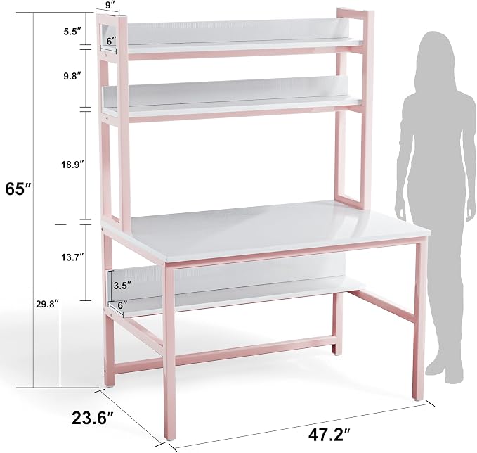 Aquzee Pink Girls Desk Hutch, 47in Woman Computer Desk with Bookshelf & Storage Shelves, Space Saving Girls Writing Study Craft Table for Bedroom Kids Room, White Wood & Pink Iron Home Office Desks - Image 3