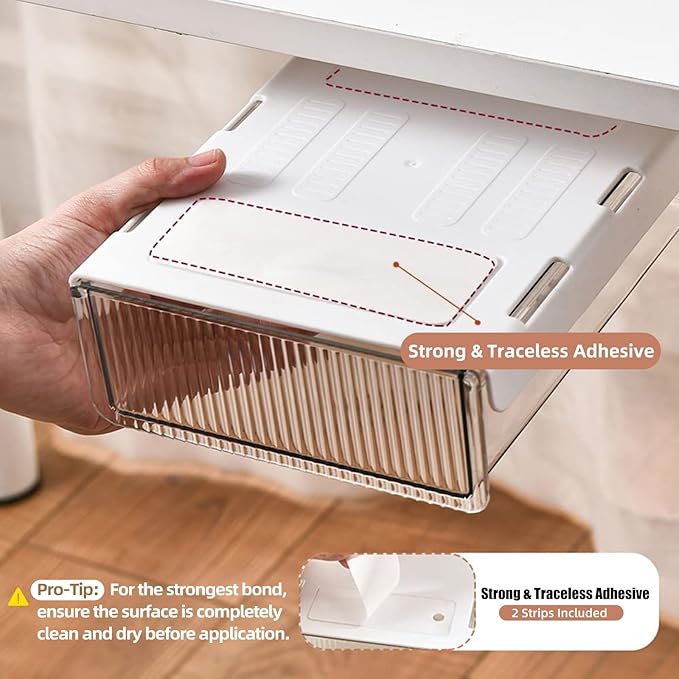 2Pcs Under Desk Storage Drawers Slide Out,Large&Medium,Stick On Drawers,Under Desk Organizer Hidden Under Table Drawer for Home Office School Organization and Storage-Clear White - Image 2