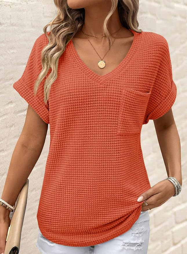 Dokotoo Womens Waffle Knit Tops 2026 Spring Summer V Neck Shirts Casual Trendy Women's Blouses Basic Tee - Image 2