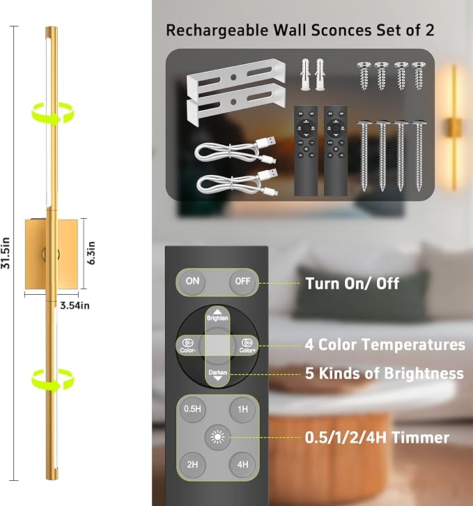 iThird 1 Pack Battery Operated Wall Sconce, Wireless Battery Wall Sconce with Remote Control, Gold LED Rechargeable Sconces, 31.5 Inch Modern Cordless Wall Lights for Bedroom Living Room Picture - Image 7