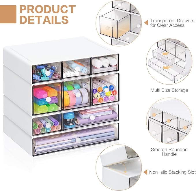 Desk Storage Organizer with 9 Drawers, 4 Tiers Stackable Desktop Craft Storage Drawers, Clear Storage Box Caddy for Stationary Makeup Jewelry Office Craft Supplies (White) - Image 4