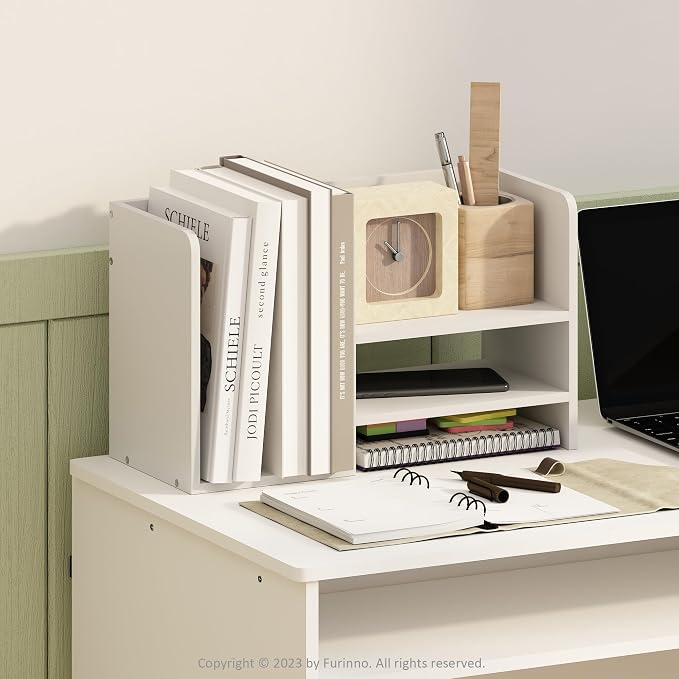 Furinno HERMITE Desk Organizers, Office Organization with Accessories and Vertical File Holder, 3-Shelf Desktop Book Shelf, for Office Supplies, Desk Accessories, for Study Room, Dorm, White - Image 2