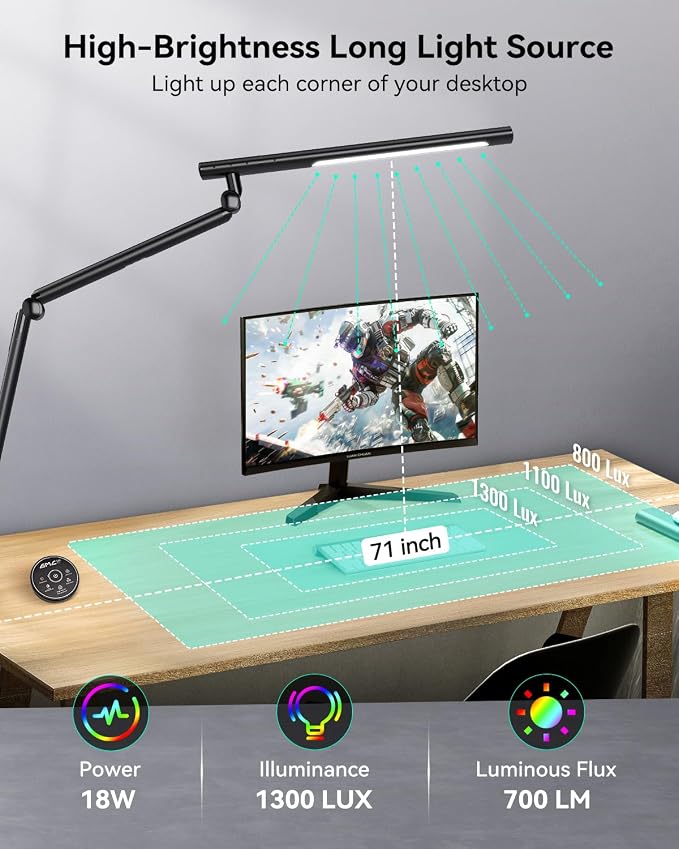 LED Desk Lamp with Clamp, 18W Architect Desk Lamp with Dual Light, Flexible 3 Sections Swing Arm, with RGB Light, with Remote, with Sensor Switch, Stepless Dimming, 4 Color Mode & 5 Brightness - Image 2