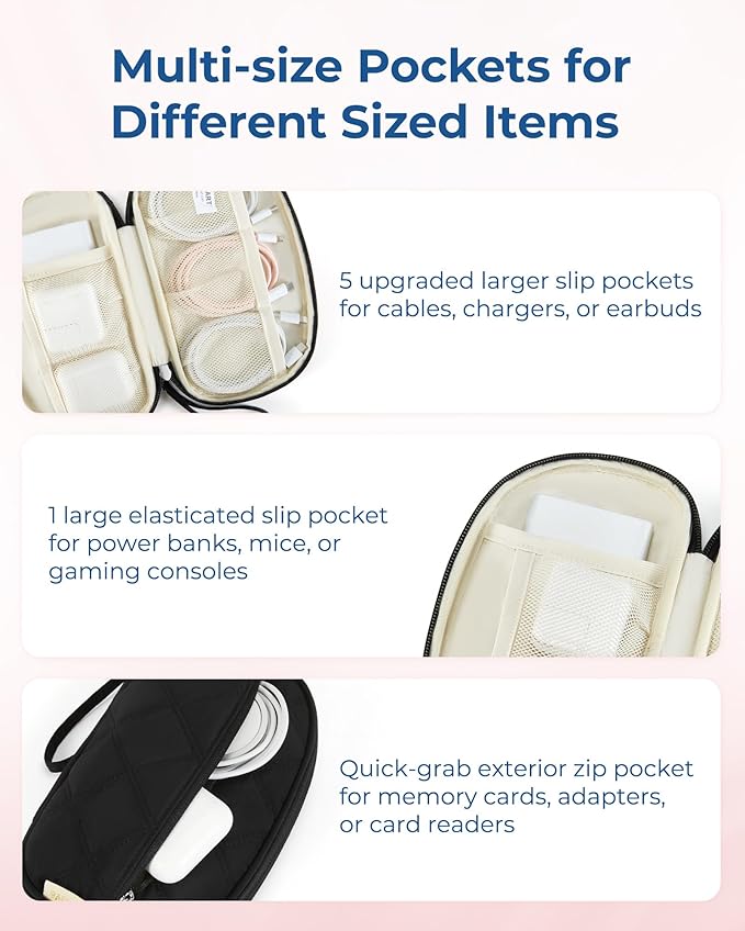 BAGSMART Travel Cord Organizer Electronics Case, Puffer Cable Organizer Bag Travel Essentials for Women, Small Tech Organizer Travel Case for Charger, Cable, Phone, Flash Drive Black - Image 4