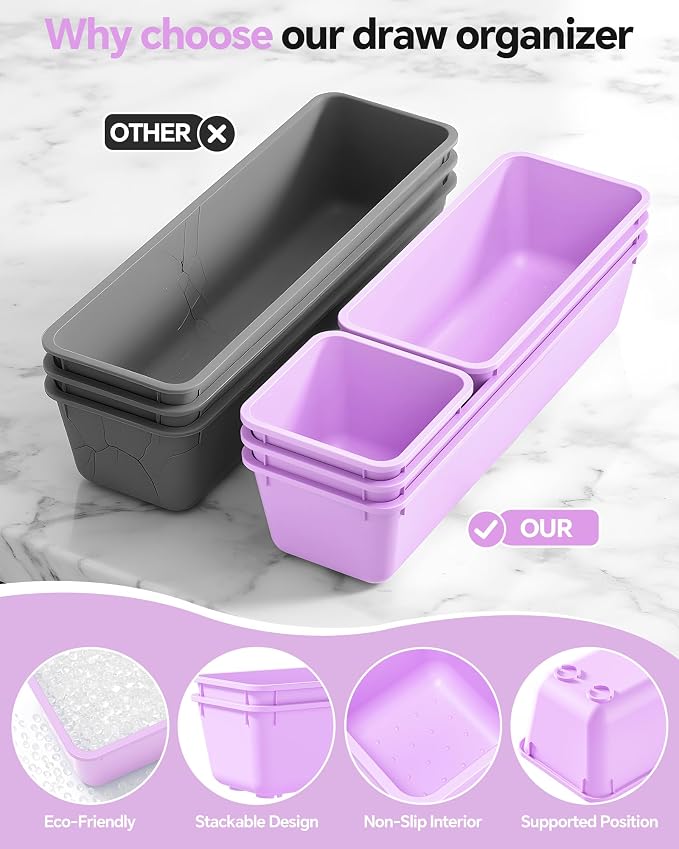 Canfanni 13 Pack Plastic Drawer Organizers Set, 3 Sizes Desk Drawer Organizer Trays for Vanity and Makeup Organizer, Organization and Storage for Makeup, Kitchen Utensils, Bathroom and Office(Purple) - Image 3