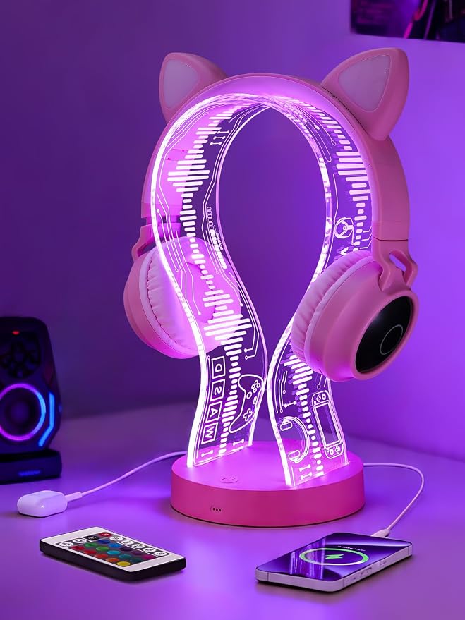 CoolGift Mart Light Up Headphone Stand with 16 Color Lights, Game Pattern Acrylic Headset Stand with 1 USB and 1 Type-C Charging Ports, Gifts for Girls Women Gamers and Music Lovers by CoolGiftMart