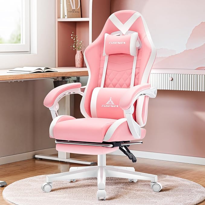Gaming Chair,Ergonomic Massage Office Desk Chair with Footrest,Pink | Pocket Spring Cushion,Reclining,Thick High Back,Headrest and Lumbar Support,Adjustable Leather Computer Chair Gamer Chair - Image 2