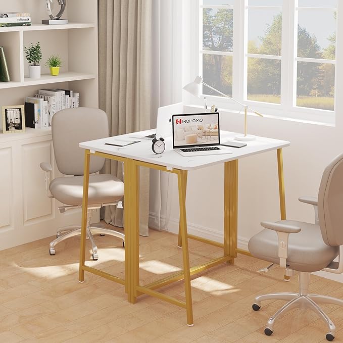 WOHOMO Folding Desk, 39.4" Foldable Computer Table for Small Spaces, Gold | Easy Assembly and Fold, Sturdy Home office desks for Study Bedroom Dorm Space Saving Writing Work Apartment - Image 6