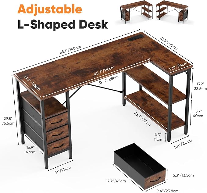 DUMOS L Shaped Desk with Drawers, Gaming Desk, 55 Inch | Power Outlet, Study Table, Adjustable Shelves, Home Office, Corner Computer Workstation, Bedroom, Brown - Image 3