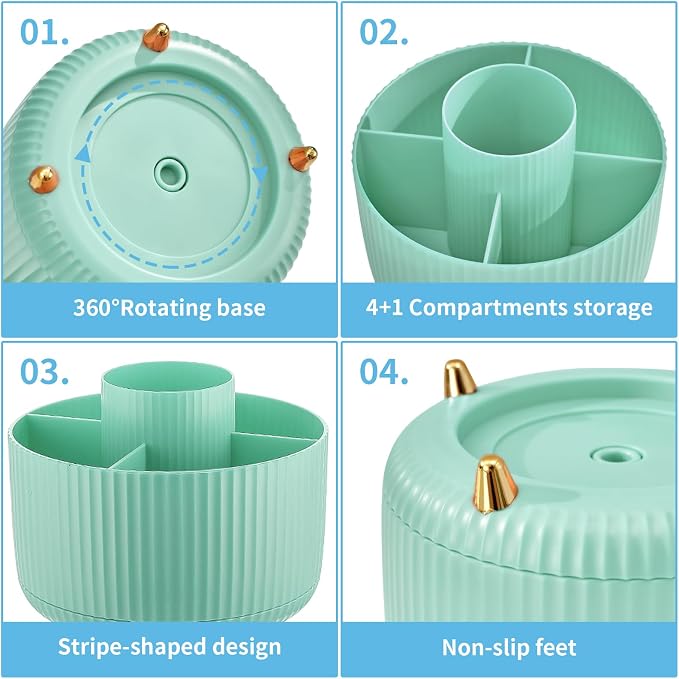 Marbrasse Desk Organizer, 360-Degree Rotating Pen Holder, Desk Organizers and Accessories with 5 Compartments Pencil Holder, Art Supply Storage Box Caddy for Office, Home (Mint Green) - Image 4