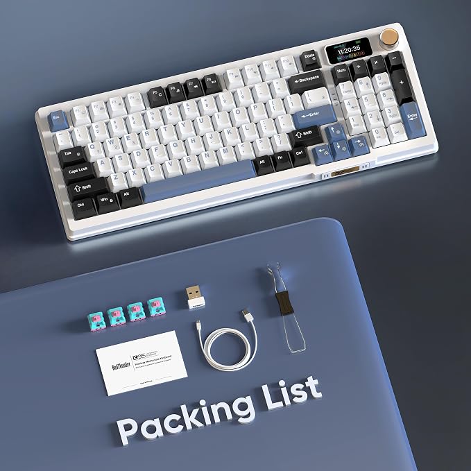 RedThunder K95 Wireless Mechanical Keyboard, TFT Screen & Knob, Tri-Mode BT5.0/2.4GHz/USB-C Hot Swappable Custom, Pre-lubed Linear Switches, Gasket Structure, RGB Gaming Keyboard, Snowy White-Blue - Image 9