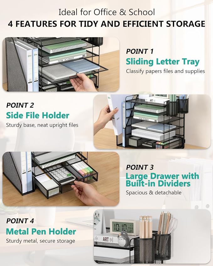 WALI Desk File Organizer, 6 Tier Desktop Paper Letter Tray Organizer with Drawer and 2 Pen Holders, Office Desk Accessories & Workspace Organizers for Office, Home Supplies(DO007DH-B), 1 Pack, Black - Image 4