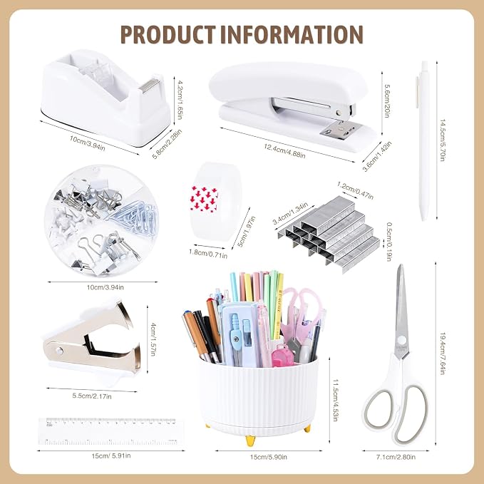 Gawsey White Desk Organizers and Accessories with Desk Organizer 360° Rotating Pen Holder and Office Supplies, Cute Stationery Supplies Set - Image 8