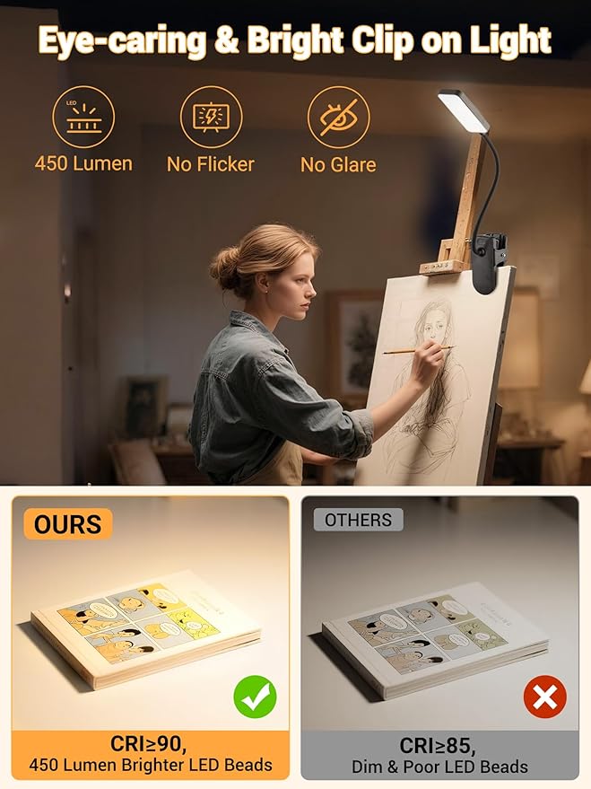 Clip on Light,9 Brightness+5 Color Rechargeable Lamp,48 LED Small Desk Lamp | 4000mAh Battery Powered Lamp,450 Lumen Clamp Light, Wireless & Cordless Book Reading Light for Bed/Bedside Table/Bedroom/Dorm - Image 4
