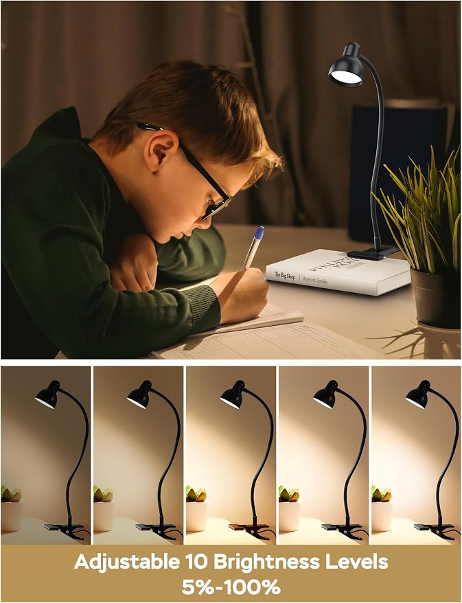 LiFMIRA Clip-on Reading Light - 3 Color Modes, 10 Dimmable Brightness,Black | Eye Care Clamp Desk Lamp with Flexible Gooseneck for Reading in Bed, Desk, Headboard, Computer - Image 4