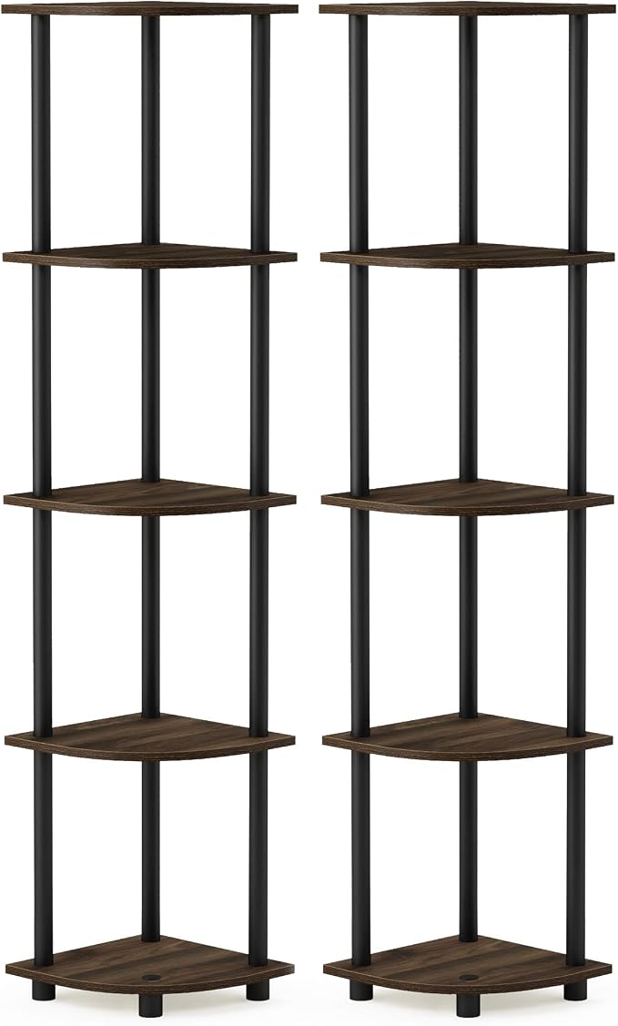 Furinno TURN-N-TUBE Corner Shelf Set of 2, 5-Tier Corner Bookshelf, Open Storage Shelves, for Organization and Storage, Living Room, Home Office, Garage, Columbia Walnut by Furinno-FitsYourSpaceFitsYourBudget