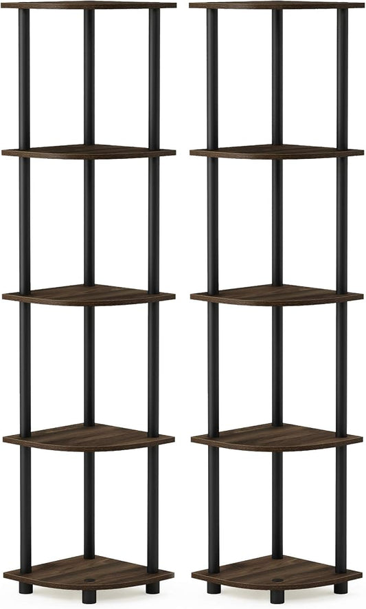Furinno TURN-N-TUBE Corner Shelf Set of 2, 5-Tier Corner Bookshelf, Open Storage Shelves, for Organization and Storage, Living Room, Home Office, Garage, Columbia Walnut by Furinno-FitsYourSpaceFitsYourBudget