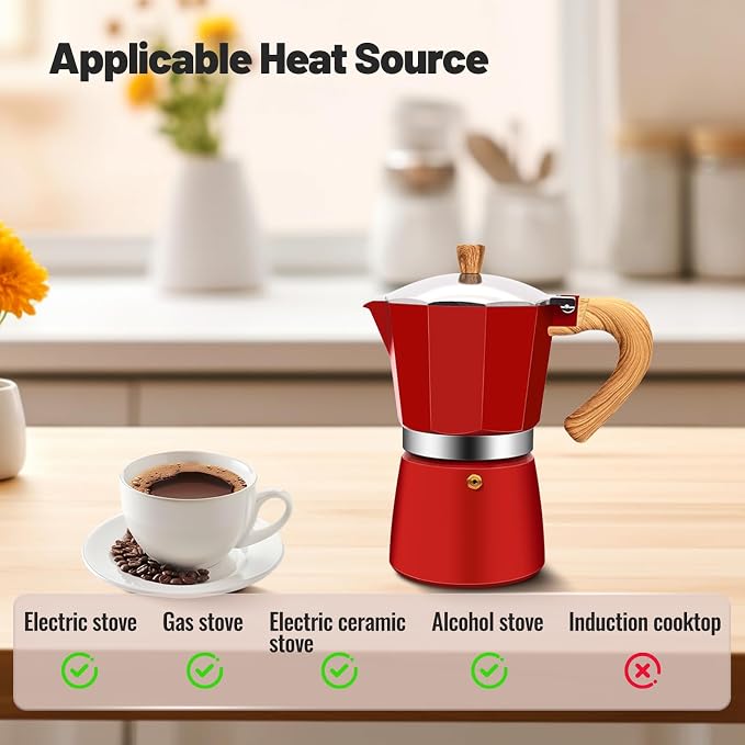 6 Cup Aluminum Moka Pot Classic Stovetop Espresso Coffee Maker 300ml 10oz Coffeemaker Percolator Mocha Pot Greca Coffee Maker Cafe Makers for Italian and Cuban Café Brewing Red - Image 4