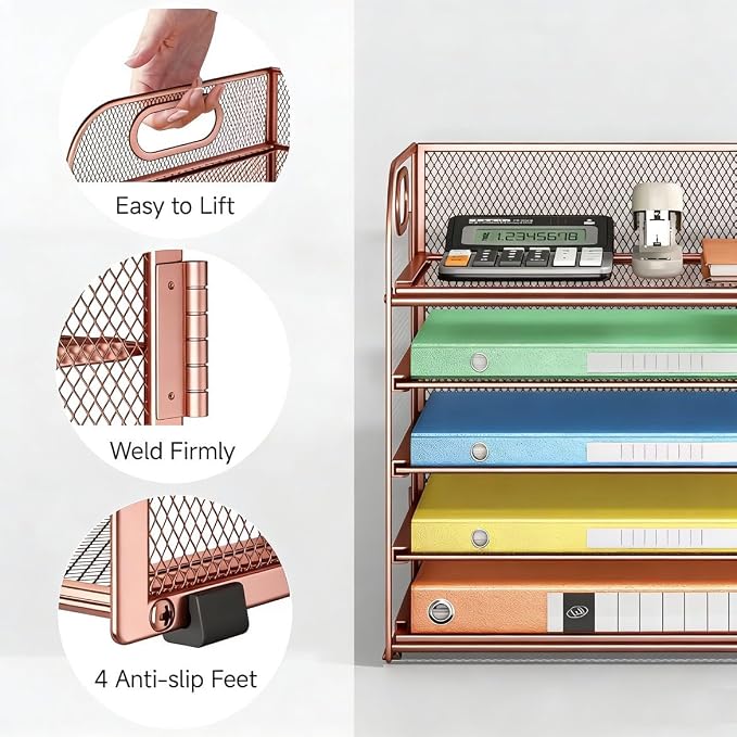5 Tray Paper Organizer Letter Tray with Handle - Mesh Desk File Organizer, Paper Sorter Organizer for Office, Home or School File Folder Holder - Rose Gold - Image 4