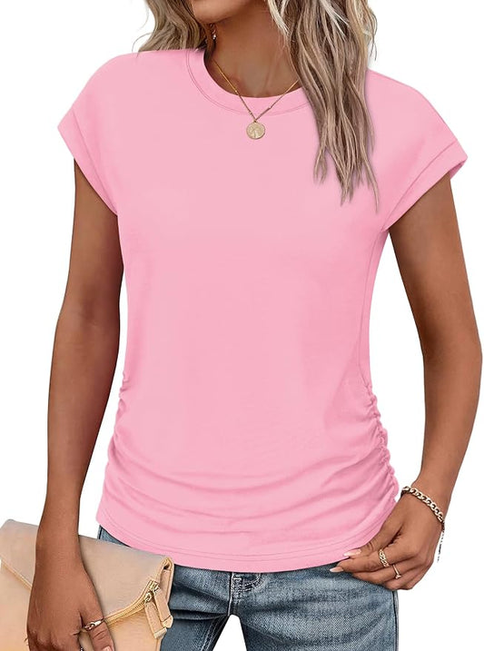 Sampeel Womens Summer Tops Trendy 2026 Ruched Cap Short Sleeve Tshirts Shirts Crew Neck T Shirts Fashion by SAMPEEL