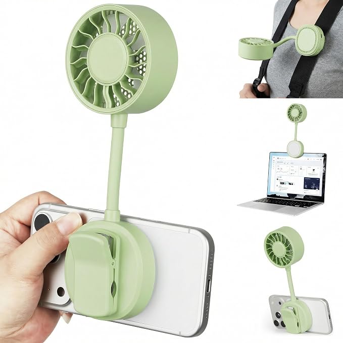 Portable Magnetic Phone Fan, Rechargeable Small Clip Fan & Phone Stand with Ultra-Wide Airflow, 3 Speeds, 360° Adjustable, Ideal for Beach, Stroller, Office, Desk & Outdoor Travel (Green) by Kehuitry