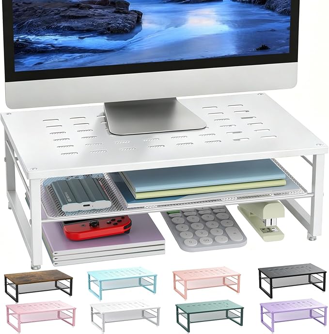 gianotter 2-Tier Metal Monitor Stand Riser, Desk Accessories & Workspace Desk Organizers, Office Desk Storage Organizer for Office Supplies (White) by gianotter