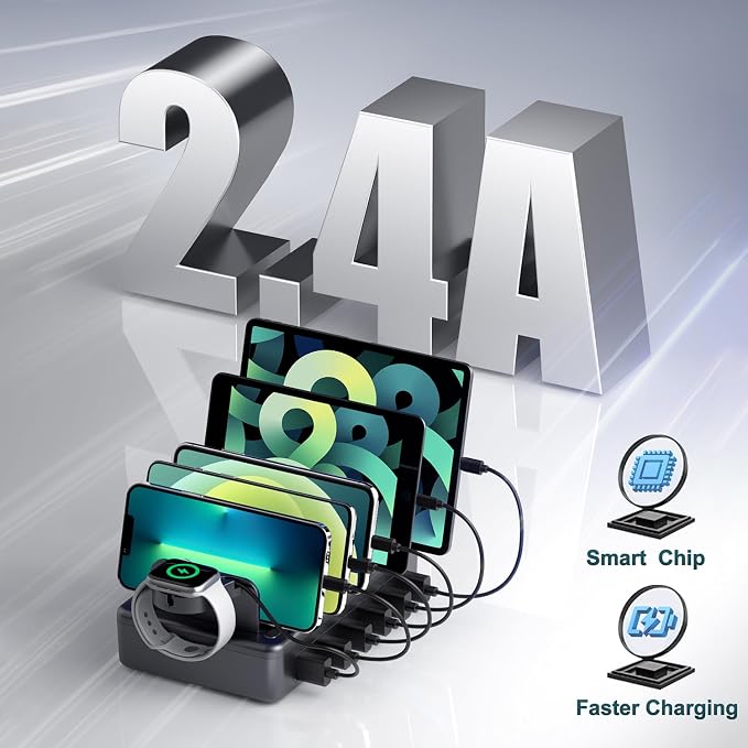 Charging Station for Multiple Devices, 6 in 1 Charger Station Multiple Charging Station for Cellphone Tablet iPhone iPad and More-50W Charging Dock with Mixed Charging Cables - Image 3