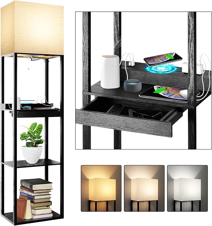 RUNTOP Plus Charging Station Floor Lamp with Wireless Charger, 2 USB-C Port, 2 Power Outlet, Floor Lamp with Shelves, 15W LED Bulb, 3 Colors, Memory Function, Standing Lamp for Living Room Bedroom by RUNTOP