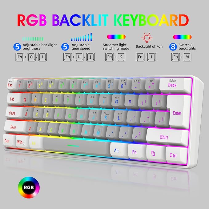 Snpurdiri 60% Wired Gaming Keyboard, 61 Keys RGB (White-Grey) | Small Ultra-Compact Backlit 60 Percent Gaming Keyboard for PC/Mac Gamer, Typist, Travel, Easy to Carry on Business Trip - Image 2