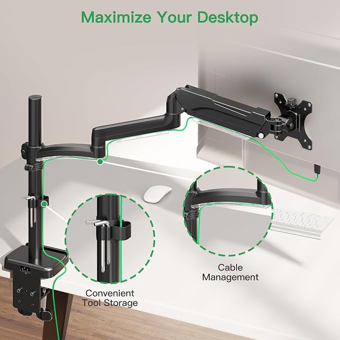 MOUNT PRO Single Long Monitor Arm, 13 to 32 inch Computer Monitor Desk Mount, Extra Long Adjustable Screen Stand, Tall Display Mount with Tilt, Swivel, Rotation, Hold up to 19.8lbs, VESA 75/100mm - Image 7