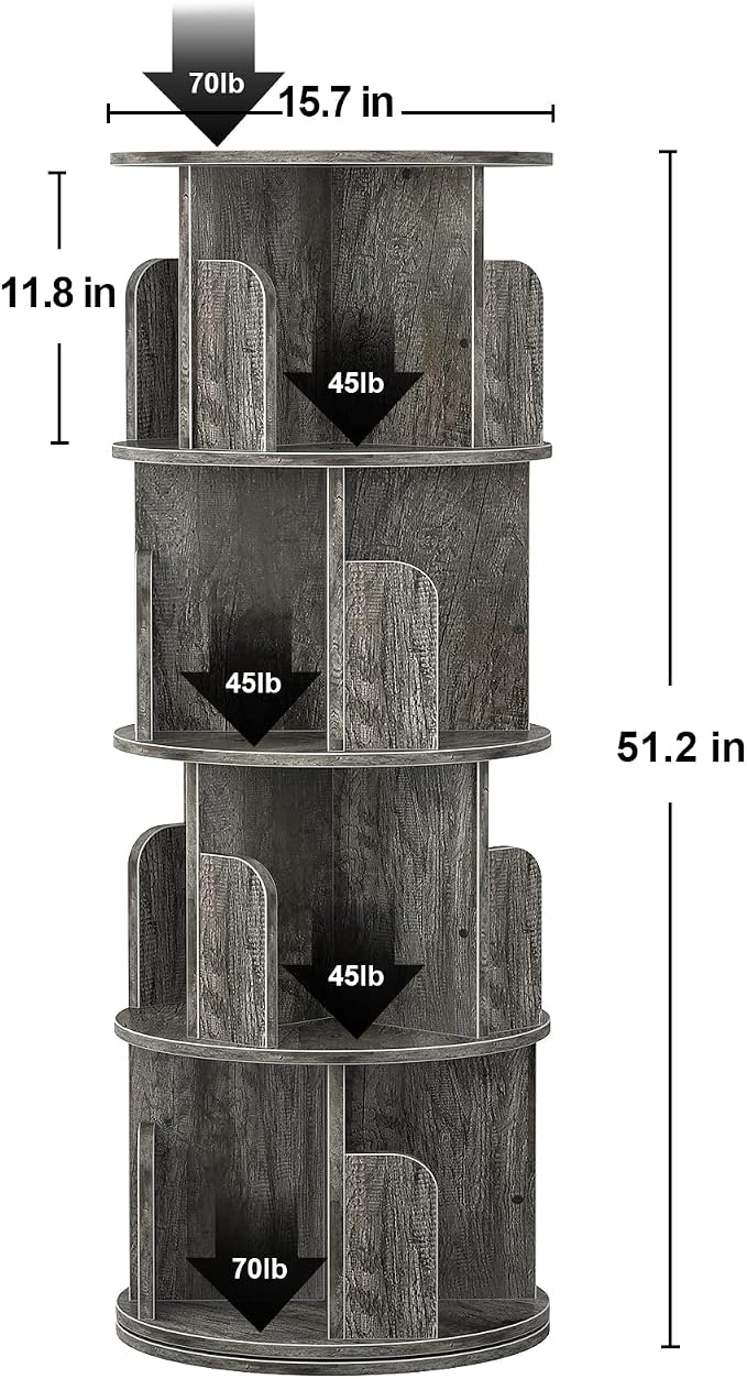 Aheaplus Rotating Bookshelf, 360 Display Corner Bookshelf for Small Space, 4 Tier Floor Standing Bookcase Storage Rack, Wood Narrow Book Shelf Organizer for Bedroom, Living Room, Study Room, Grey Oak - Image 3