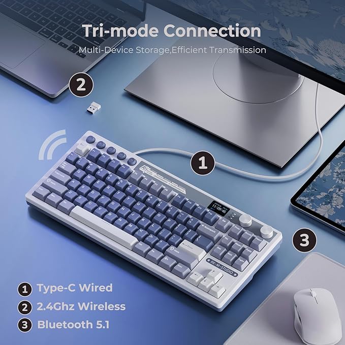 RK ROYAL KLUDGE M87 Wireless Gaming Keyboard with Screen & Dual Knobs, Blue | Bluetooth/2.4G/Wired, Hot Swappable Cream Switches, 5-Layer Noise Dampening Gasket Structure,Compact 75% Size for PC/WIN/Mac - Image 4