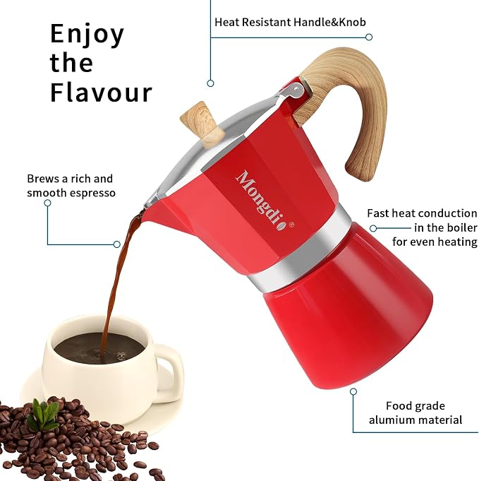 Mongdio Stovetop Espresso Maker Moka Pot, Cuban Coffee Maker Stove top coffee maker Moka Italian Espresso Greca Coffee Maker Brewer Percolator, 12 Espresso Cups, 20 oz - Red - Image 3