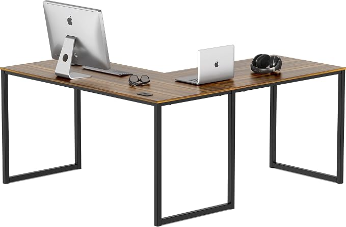SHW Mission 55 x 60 L-Shape Home Office Computer Desk, Walnut | Reversible Desktop Design by SHW