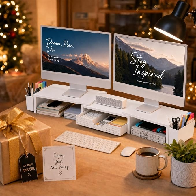 OPNICE Desk Organizers and Accessories, Dual Monitor Stand Riser with Drawer and 2 Pen Holders, Desk Shelf Metal Computer Racks for Office Workspace Organizers, Desktop Organization (White Metal) - Image 9