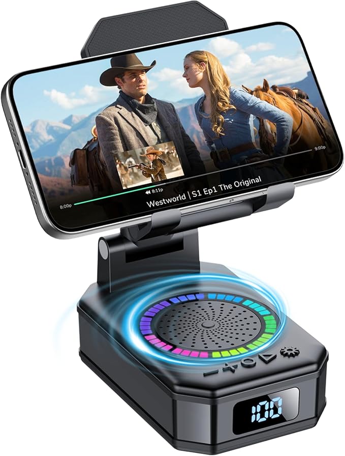 Gifts for Men Women, Cell Phone Stand with Wireless Bluetooth Speaker and Colorful LED Lights, 4-in-1 Multifunctional Phone Holder Support Fast Charging, Adjustable Desktop Stand, Best Gifts by buwy