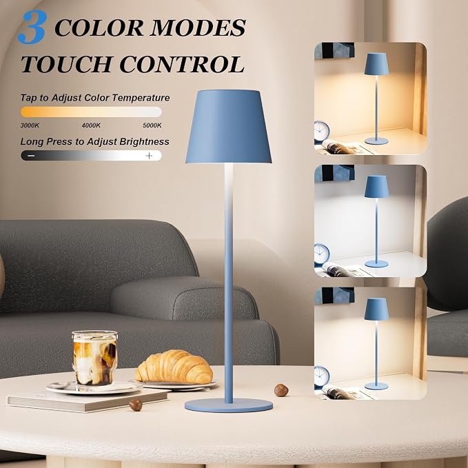 Kakanuo Cordless Table Lamp Rechargeable Blue - KK 2 Pack 5000mAH Battery Operated Lamp for Dining Table, 3 Color Stepless Dimming Wireless Lamp for Counter, Outdoor Patio, Touch Control - Image 2