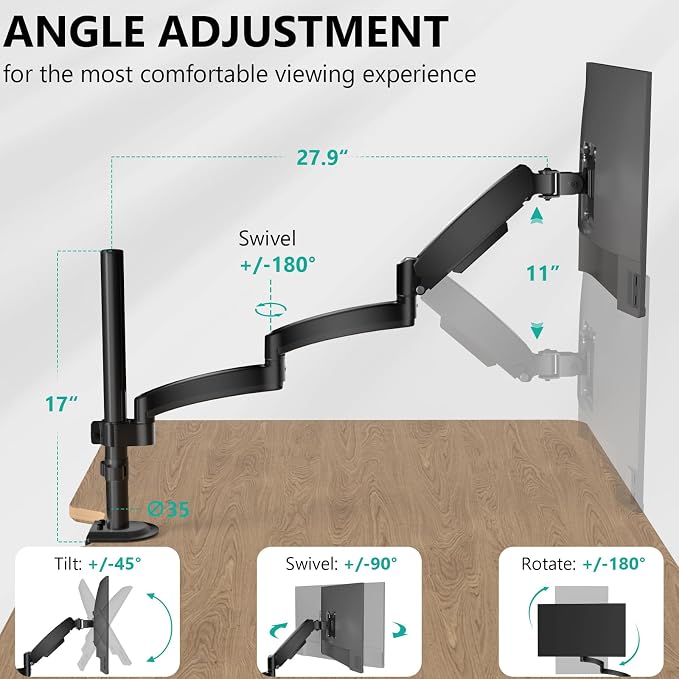 WALI Single Long Monitor Arm - Computer Monitor Arm Desk Mount for 13-32 inch, Hold up to 19.8lbs, Extra Long Adjustable Stand, Full Motion Tall Arm, VESA 75/100mm, (GSDM001L) - Image 3