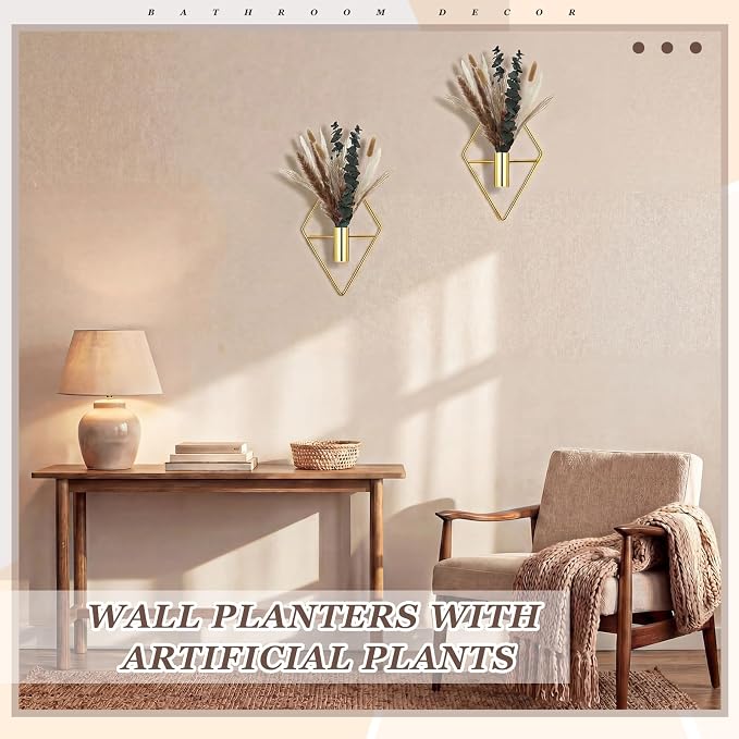 Jexine 4 Pcs Hanging Planters with Artificial Pampas Grass Metal Hanging Vase Indoor Plants Holder Modern Geometric Boho Bathroom Wall Decor for Living Room Home Office (Gloden) - Image 4