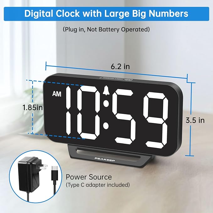 Peakeep Small Digital Alarm Clock for Bedrooms, Loud for Heavy Sleepers | Dimmable Plug in Electric Large Numbers Clock Battery Backup, Slim Clock for Table Office Modern Living Room (BW) - Image 2
