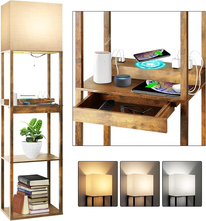 RUNTOP Floor Lamp with Shelves, Plus Shelf Lamp with Wireless Charger, 2 USB Port and Outlet, 1 Drawer, 15W LED Bulb, 3 Colors, Memory Function, Floor Lamps for Living Room, Standing Lamp for Bedroom by RUNTOP