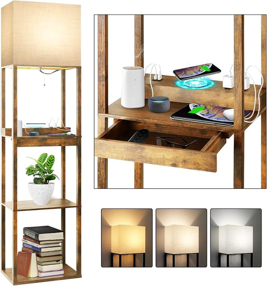 RUNTOP Floor Lamp with Shelves, Plus Shelf Lamp with Wireless Charger, 2 USB Port and Outlet, 1 Drawer, 15W LED Bulb, 3 Colors, Memory Function, Floor Lamps for Living Room, Standing Lamp for Bedroom by RUNTOP
